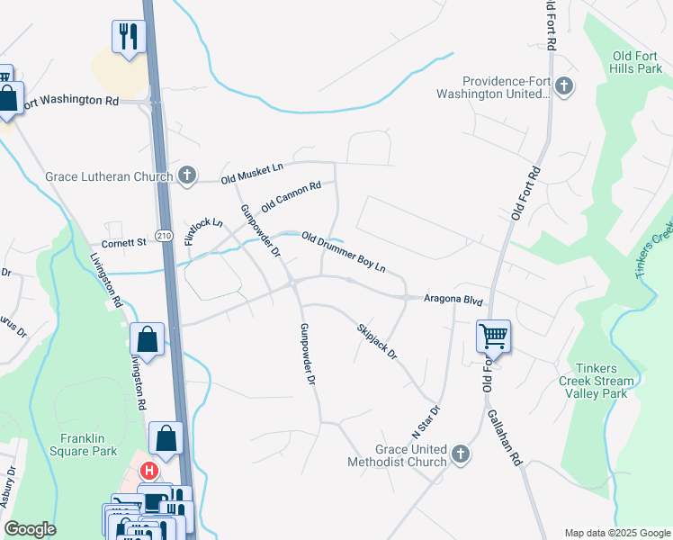 map of restaurants, bars, coffee shops, grocery stores, and more near 1502 Aragona Boulevard in Fort Washington