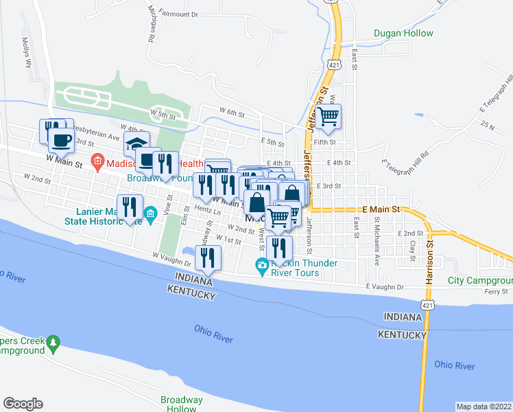 map of restaurants, bars, coffee shops, grocery stores, and more near 102 West Main Street in Madison