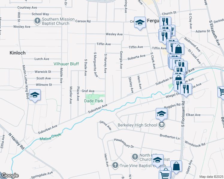 map of restaurants, bars, coffee shops, grocery stores, and more near 405 Jean Avenue in Ferguson