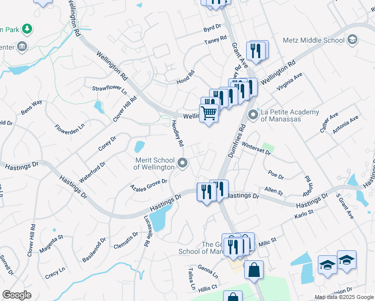 map of restaurants, bars, coffee shops, grocery stores, and more near 9204 Charleston Drive in Manassas