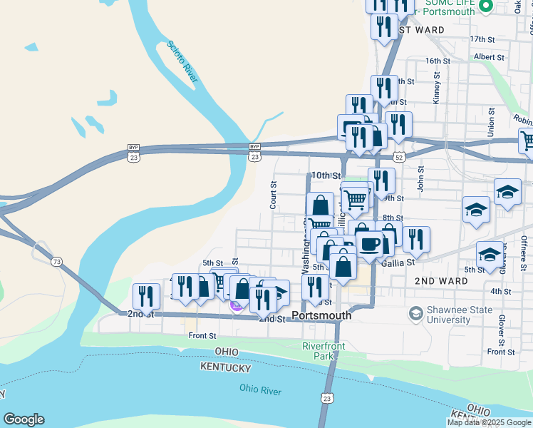 map of restaurants, bars, coffee shops, grocery stores, and more near 725 Court Street in Portsmouth
