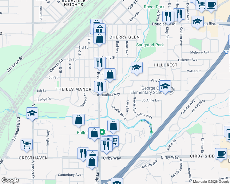 map of restaurants, bars, coffee shops, grocery stores, and more near 508 Darling Way in Roseville