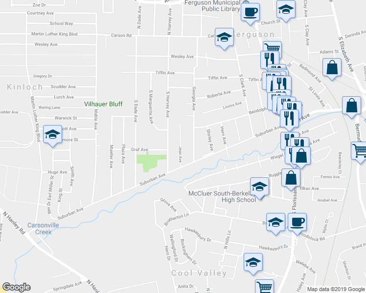 map of restaurants, bars, coffee shops, grocery stores, and more near 417 Jean Avenue in Ferguson