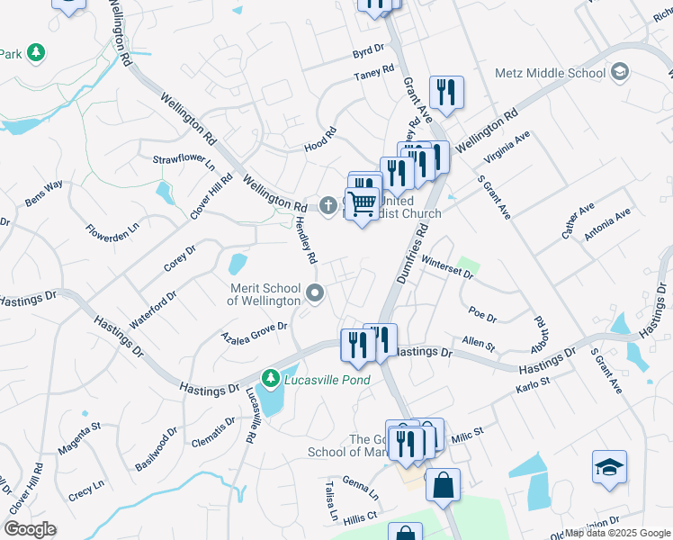 map of restaurants, bars, coffee shops, grocery stores, and more near 9202 Charleston Drive in Manassas