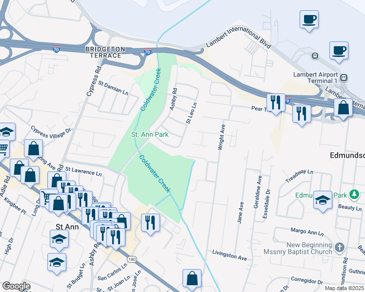 map of restaurants, bars, coffee shops, grocery stores, and more near 4308 Saint Leo Lane in Saint Ann