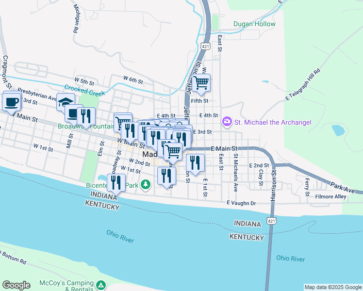 map of restaurants, bars, coffee shops, grocery stores, and more near 208 East Main Street in Madison