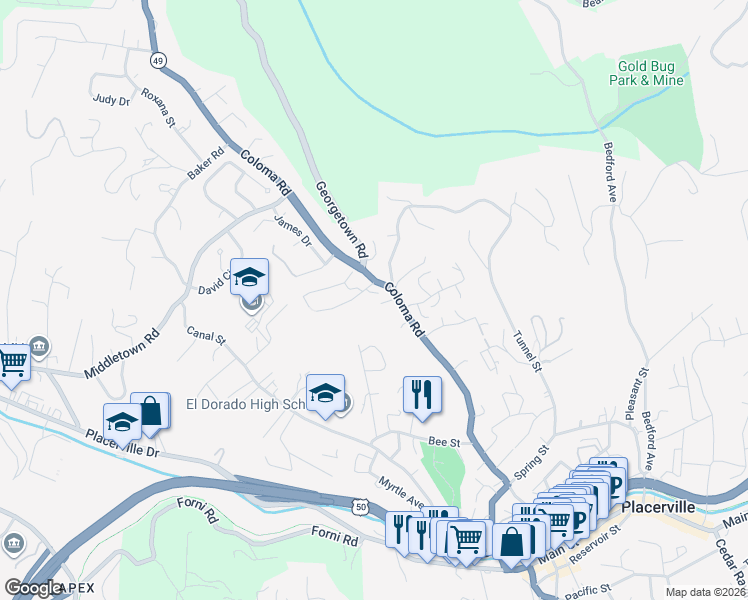map of restaurants, bars, coffee shops, grocery stores, and more near 2716 Coloma Street in Placerville