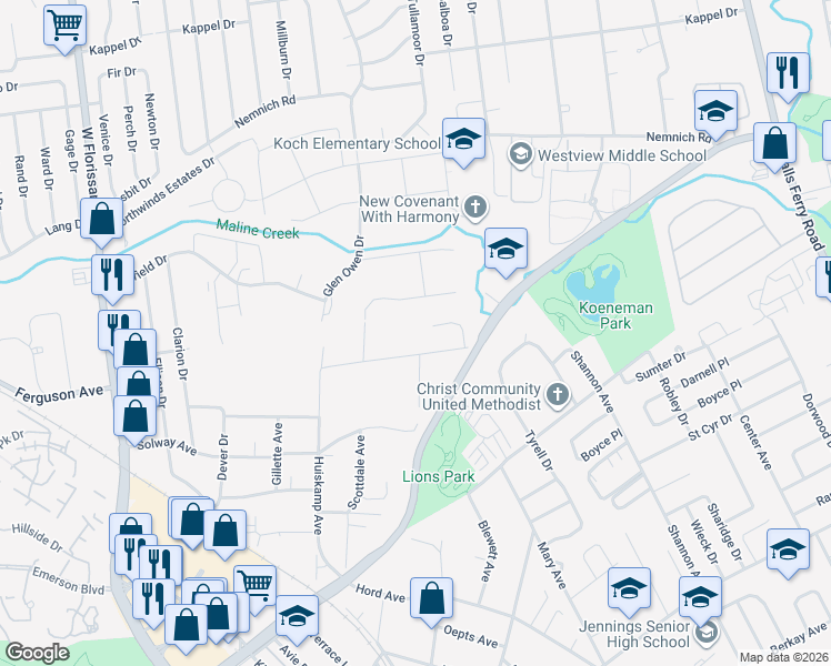 map of restaurants, bars, coffee shops, grocery stores, and more near 2533 High Ridge Avenue in Jennings