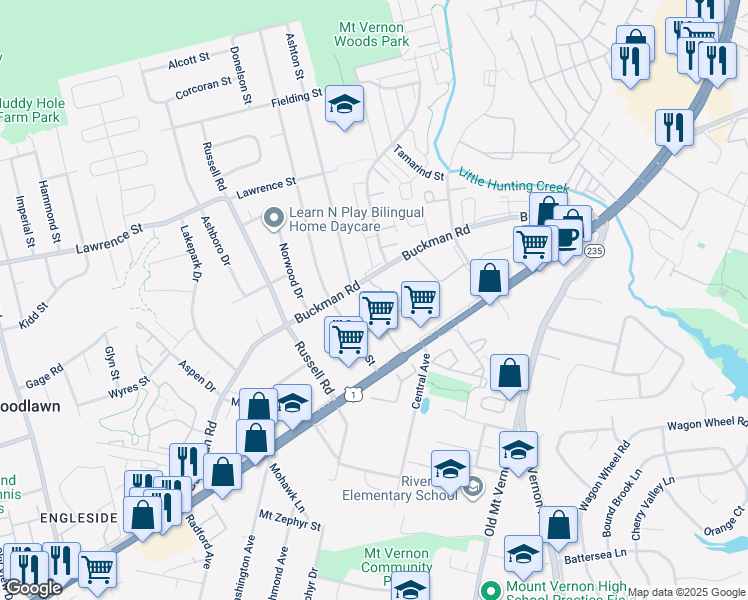 map of restaurants, bars, coffee shops, grocery stores, and more near 3812 Roxbury Court in Alexandria