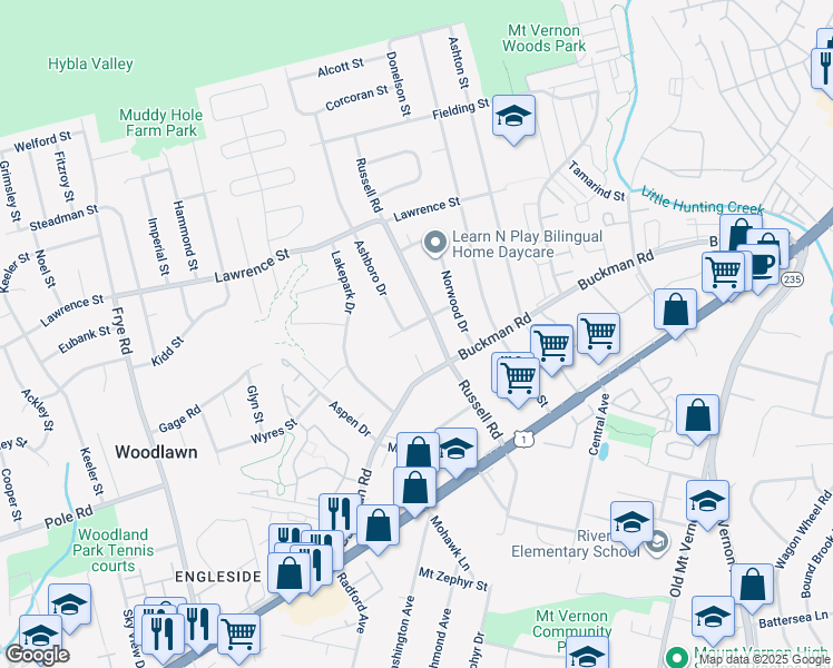 map of restaurants, bars, coffee shops, grocery stores, and more near 4107 Keswick Road in Alexandria
