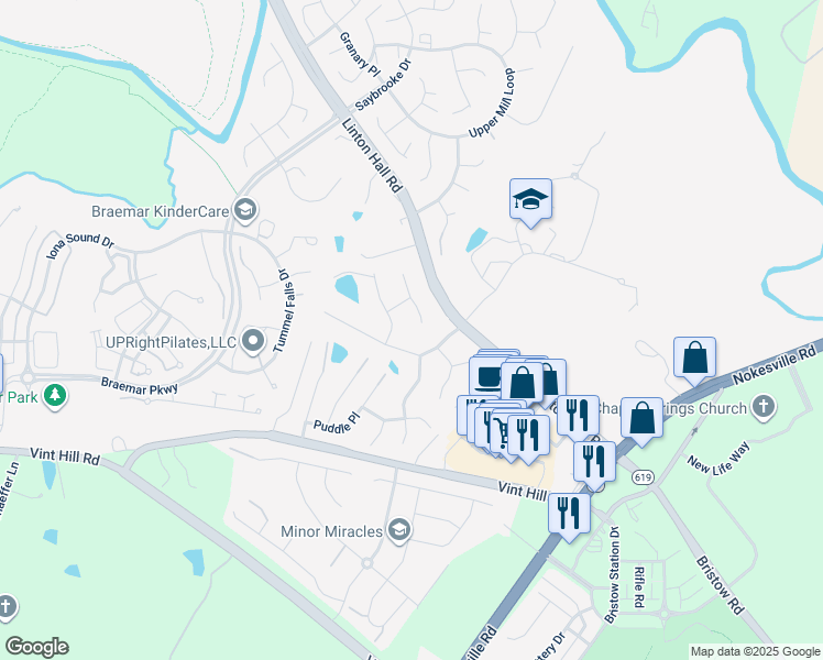 map of restaurants, bars, coffee shops, grocery stores, and more near 10138 Crashing Thunder Place in Nokesville
