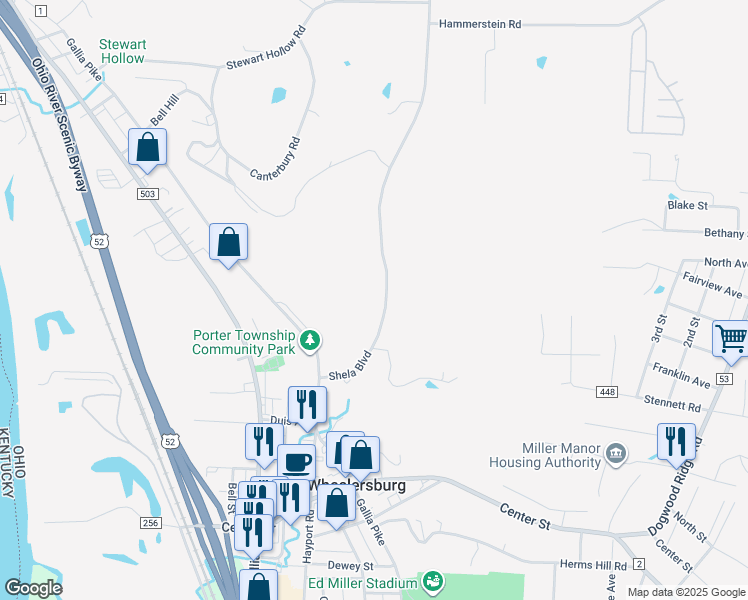 map of restaurants, bars, coffee shops, grocery stores, and more near 309-447 Shela Boulevard in Wheelersburg