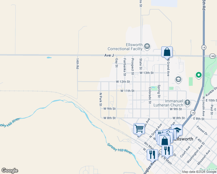 map of restaurants, bars, coffee shops, grocery stores, and more near 1001-1003 West 11th Street in Ellsworth