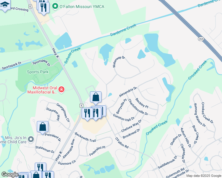 map of restaurants, bars, coffee shops, grocery stores, and more near 100 Summerset Drive in Saint Charles