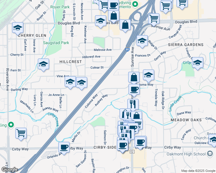 map of restaurants, bars, coffee shops, grocery stores, and more near 1116 Coloma Way in Roseville