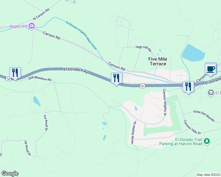 map of restaurants, bars, coffee shops, grocery stores, and more near 2960 Paul Bunyon Road in Placerville
