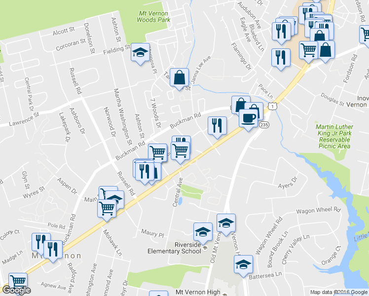 map of restaurants, bars, coffee shops, grocery stores, and more near 8158-8162 Richmond Hwy in Alexandria