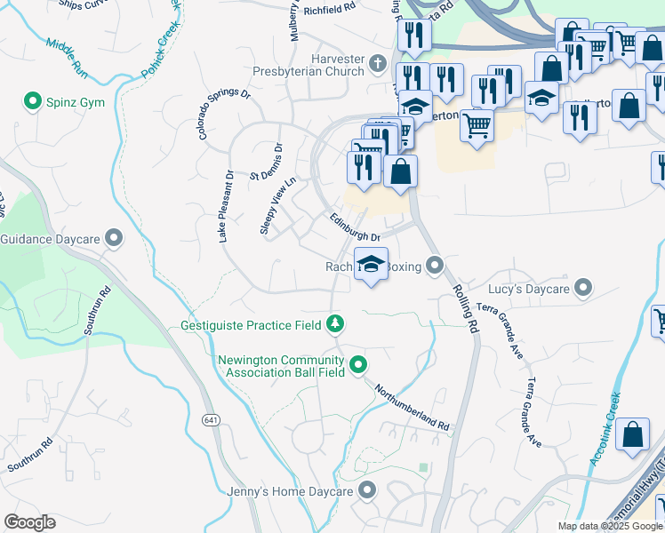map of restaurants, bars, coffee shops, grocery stores, and more near 8096 Powderbrook Lane in Springfield