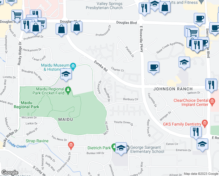 map of restaurants, bars, coffee shops, grocery stores, and more near 2007 Fernwood Circle in Roseville