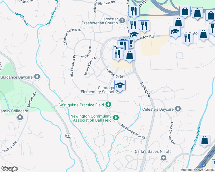 map of restaurants, bars, coffee shops, grocery stores, and more near 8096 Powderbrook Lane in Springfield