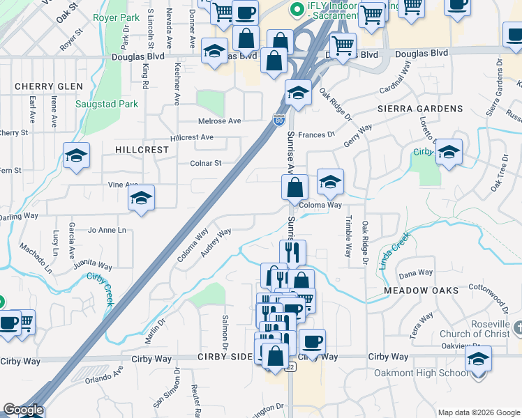 map of restaurants, bars, coffee shops, grocery stores, and more near 700 Sunrise Avenue in Roseville