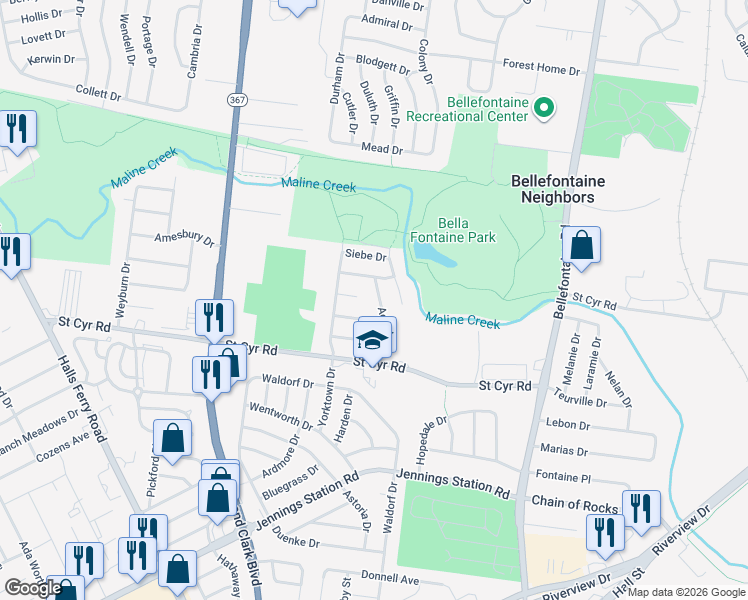 map of restaurants, bars, coffee shops, grocery stores, and more near 1131 Jolene Drive in St. Louis
