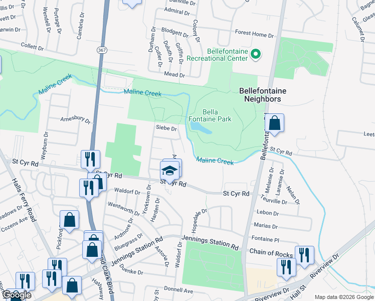 map of restaurants, bars, coffee shops, grocery stores, and more near 9470 Jaros Court in St. Louis
