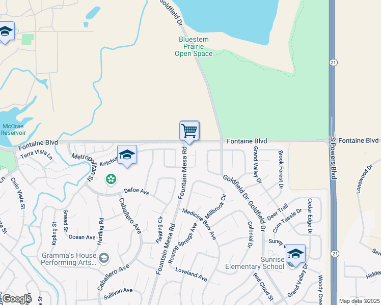 map of restaurants, bars, coffee shops, grocery stores, and more near 6538 Latah Lane in Colorado Springs