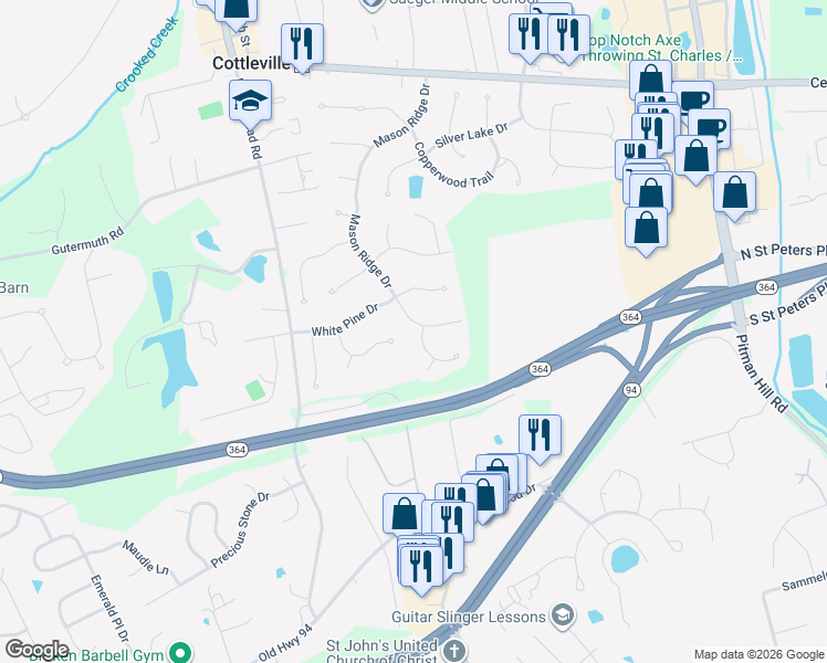 map of restaurants, bars, coffee shops, grocery stores, and more near 77 Ridgefield Court in Saint Charles