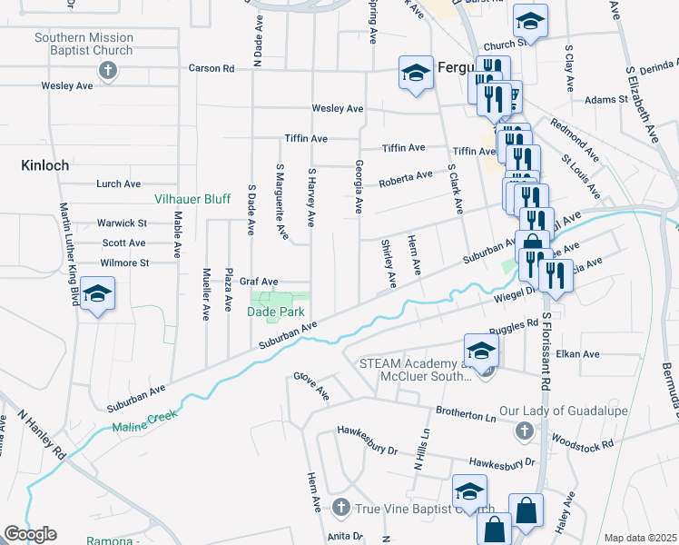 map of restaurants, bars, coffee shops, grocery stores, and more near 400 Jean Avenue in Ferguson