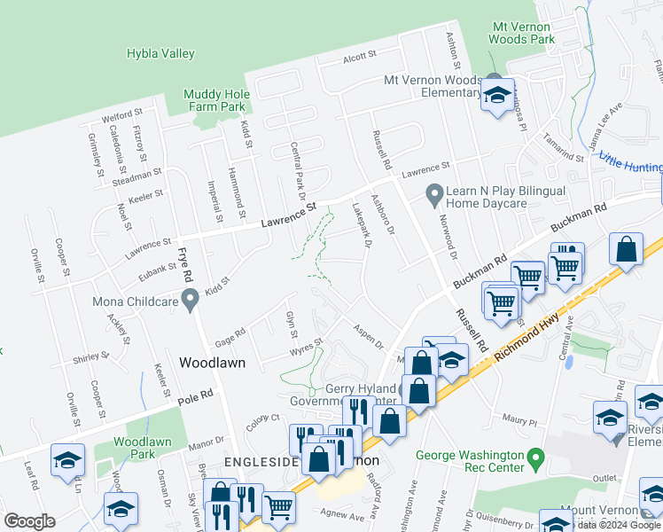 map of restaurants, bars, coffee shops, grocery stores, and more near 4331 Birchlake Court in Alexandria