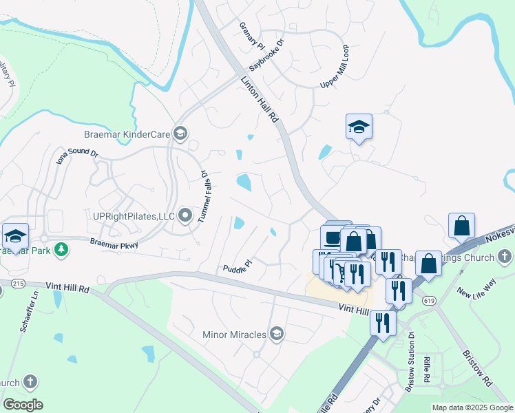 map of restaurants, bars, coffee shops, grocery stores, and more near 12148 Rain Slicker Place in Nokesville