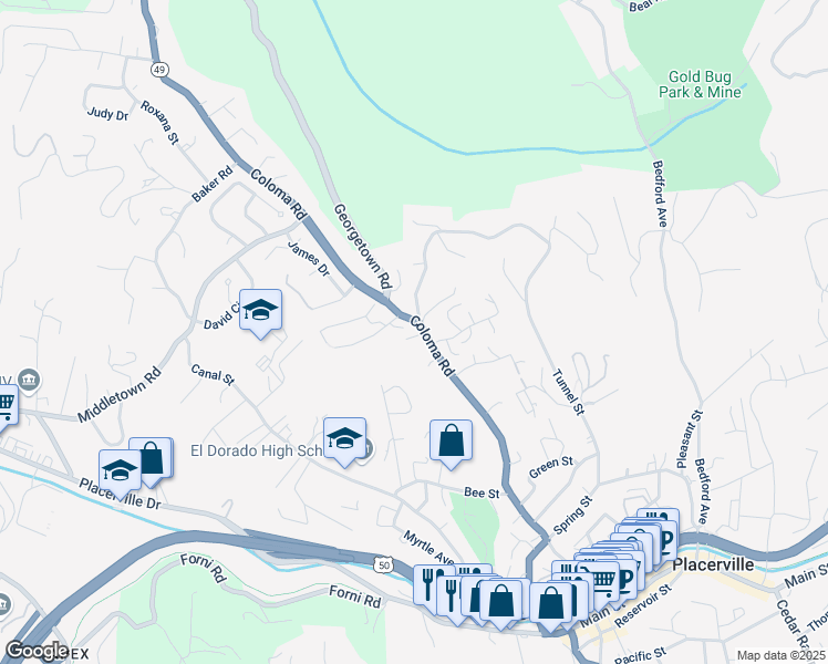 map of restaurants, bars, coffee shops, grocery stores, and more near 2716 Coloma Street in Placerville