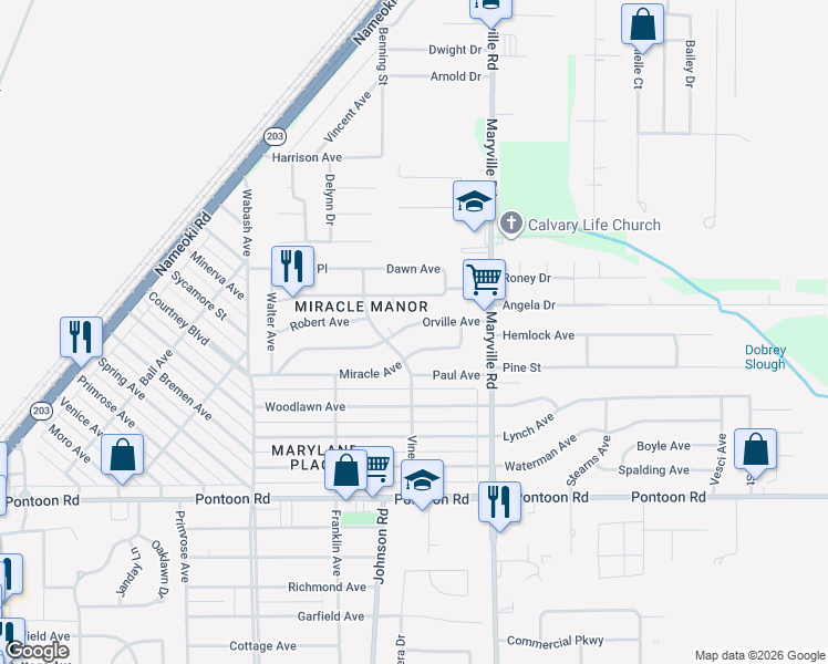 map of restaurants, bars, coffee shops, grocery stores, and more near 2312 Miracle Avenue in Granite City