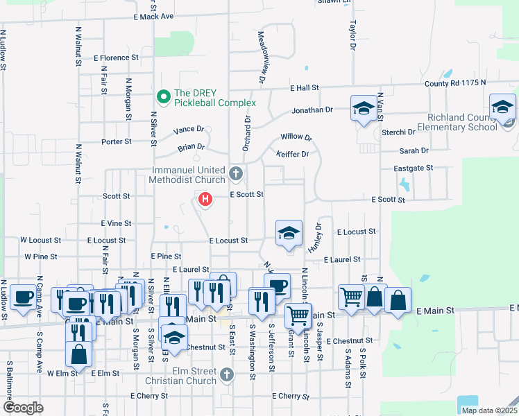 map of restaurants, bars, coffee shops, grocery stores, and more near 501-599 North Jefferson Street in Olney