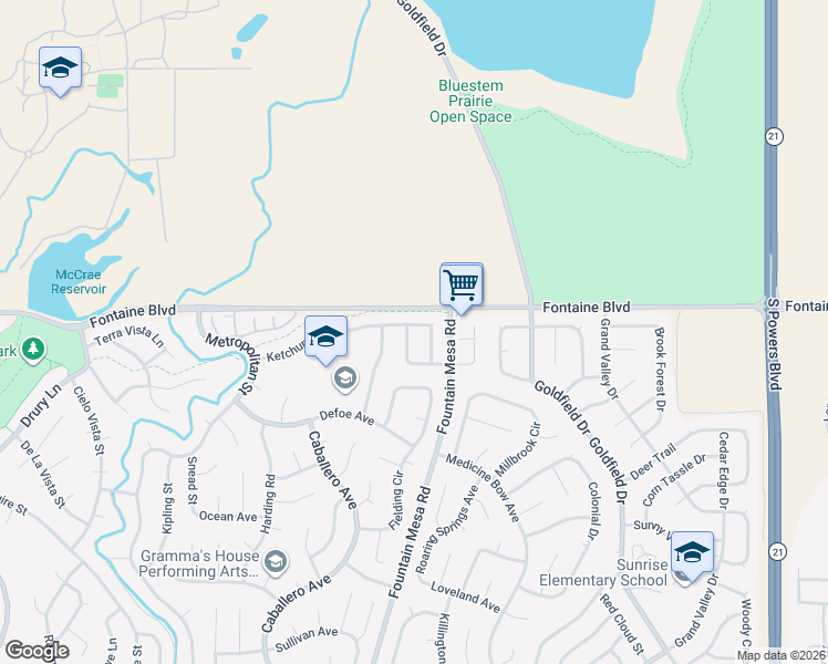 map of restaurants, bars, coffee shops, grocery stores, and more near 6670 Payette Drive in Colorado Springs