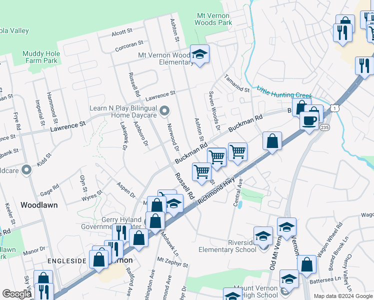 map of restaurants, bars, coffee shops, grocery stores, and more near 8112 Martha Washington Street in Alexandria