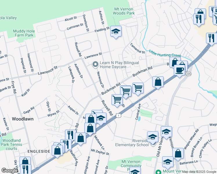 map of restaurants, bars, coffee shops, grocery stores, and more near 8112 Martha Washington Street in Alexandria