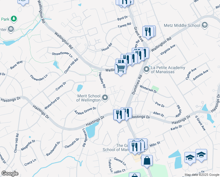 map of restaurants, bars, coffee shops, grocery stores, and more near Charleston Drive in Manassas