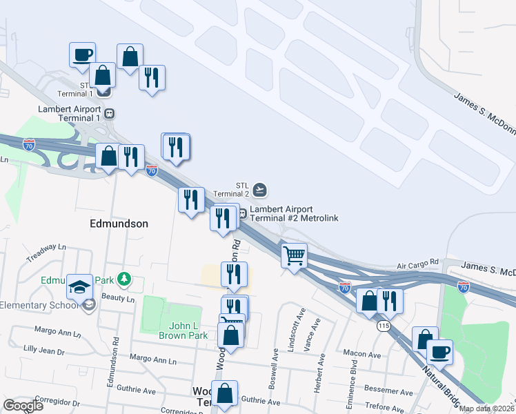 map of restaurants, bars, coffee shops, grocery stores, and more near East Terminal in St. Louis