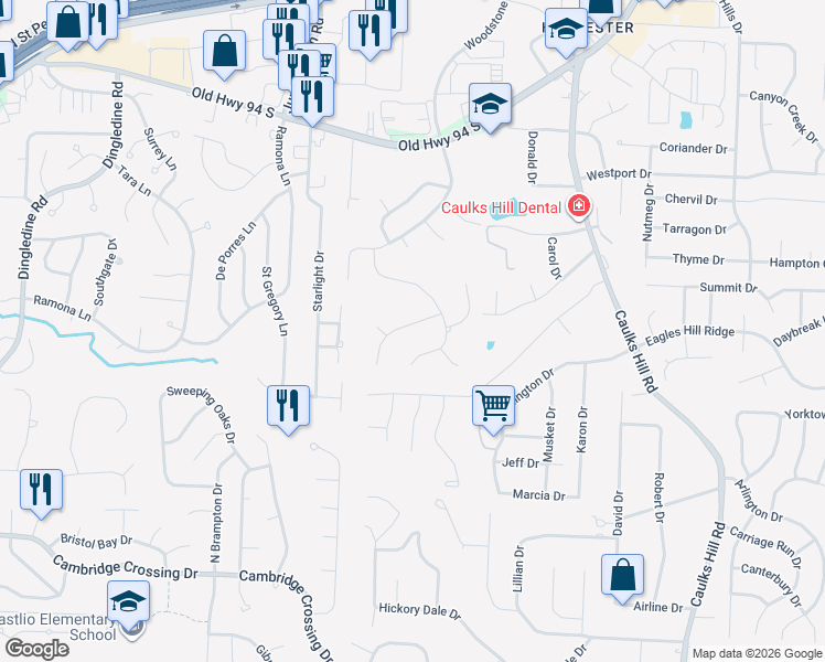 map of restaurants, bars, coffee shops, grocery stores, and more near 112 Barleystone Drive in Saint Charles