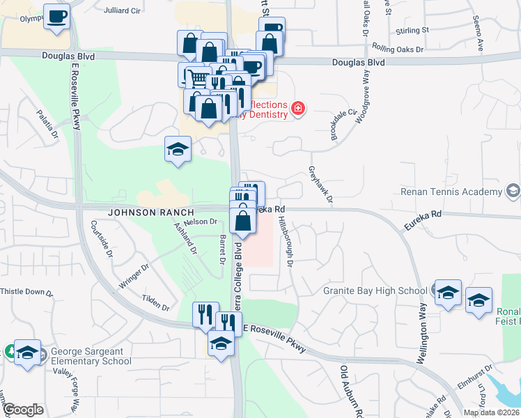map of restaurants, bars, coffee shops, grocery stores, and more near 4259 Eureka Road in Roseville