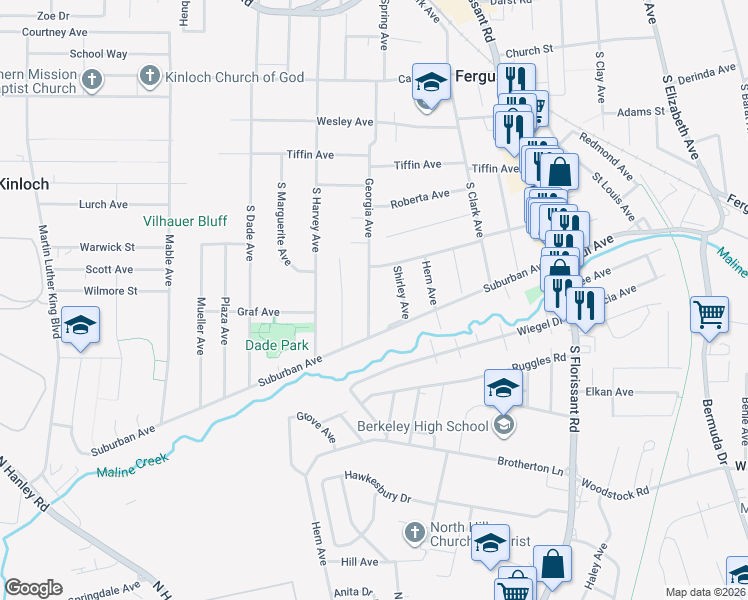 map of restaurants, bars, coffee shops, grocery stores, and more near 445 Georgia Avenue in Ferguson