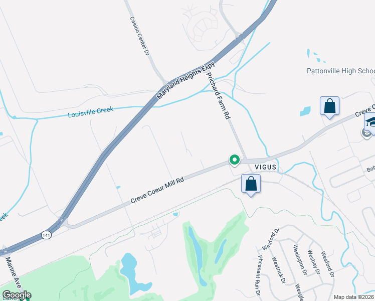 map of restaurants, bars, coffee shops, grocery stores, and more near Creek Rd in Maryland Heights
