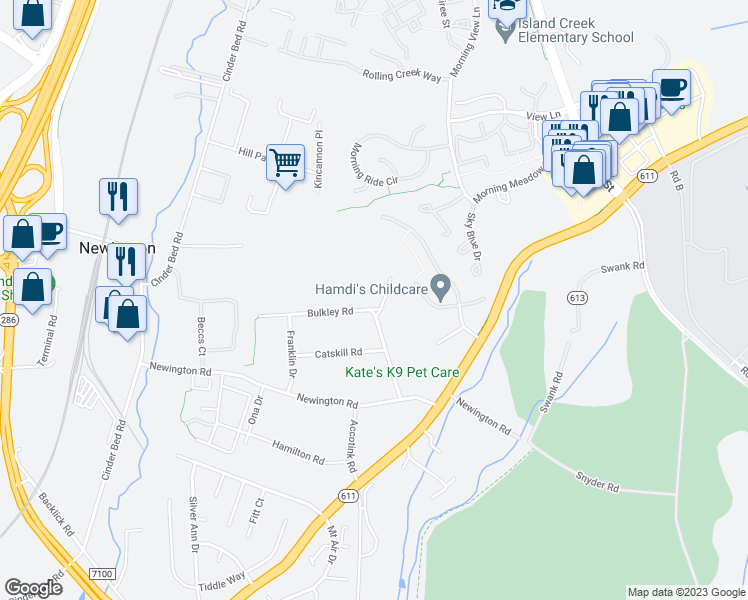 map of restaurants, bars, coffee shops, grocery stores, and more near 6700 Bulkley Road in Lorton