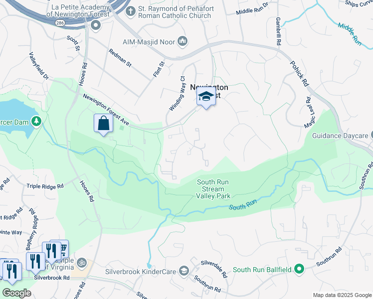 map of restaurants, bars, coffee shops, grocery stores, and more near 8156 Dark Den Circle in Springfield