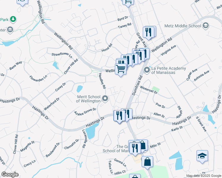 map of restaurants, bars, coffee shops, grocery stores, and more near 9202 Charleston Drive in Manassas