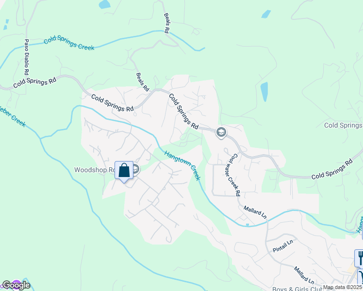map of restaurants, bars, coffee shops, grocery stores, and more near 2427 Rising Hill Road in Placerville