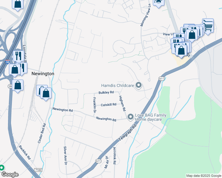map of restaurants, bars, coffee shops, grocery stores, and more near 6716 Bulkley Road in Lorton