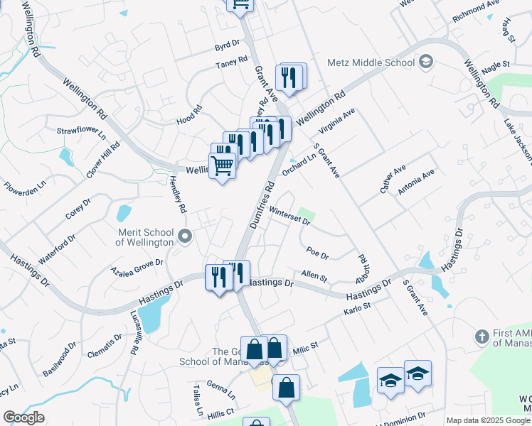 map of restaurants, bars, coffee shops, grocery stores, and more near 10300 7th Regiment Drive in Manassas